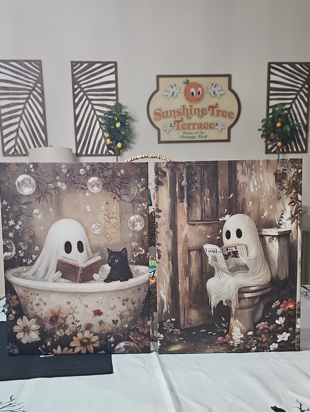 New! Set Of 2 Halloween Bathroom Canvas Art 12"x16"